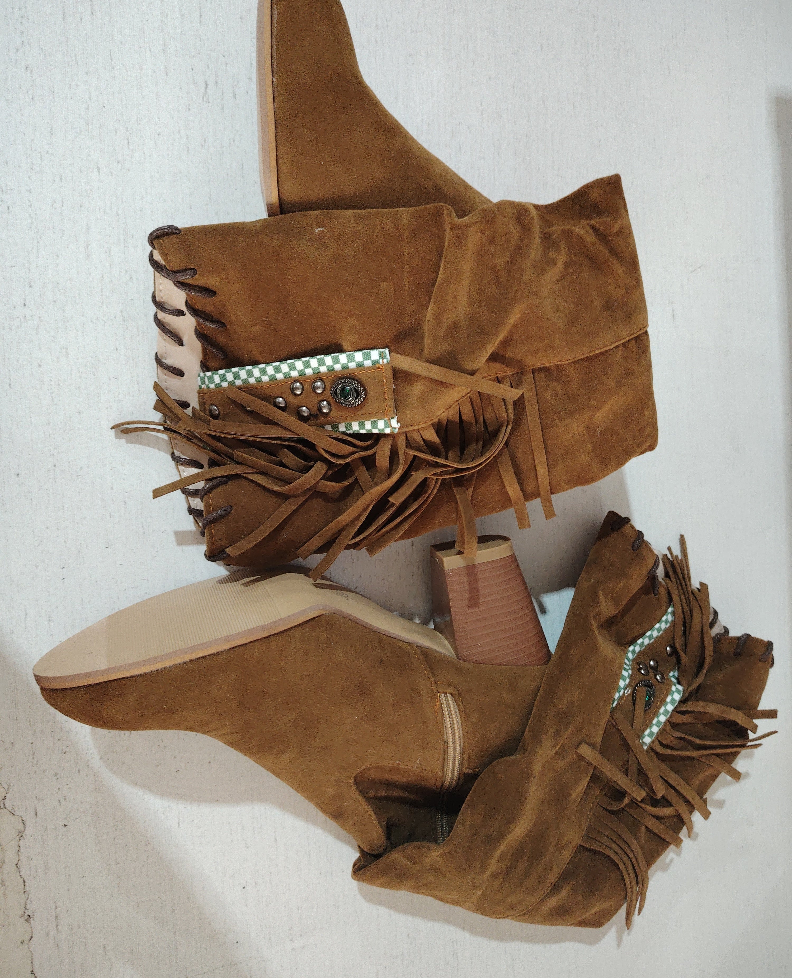 Boho Fringed Velvet Boots with Chunky Heel