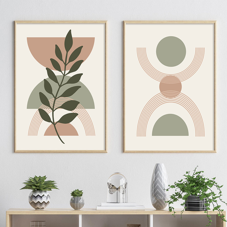 Boho Geometric Art Prints in Green and Pink