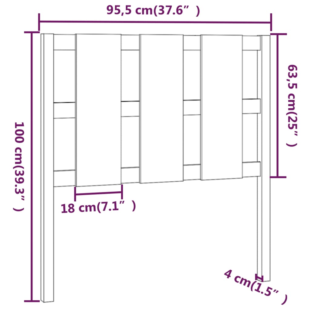 Dimensions of a headboard with measurements in centimeters and inches.