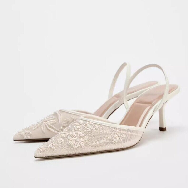 Boho Kitten Wedding Heels with Floral Embroidery