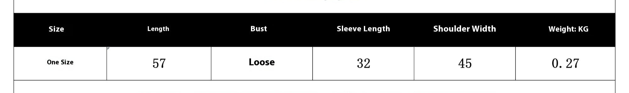 Fabric composition and size chart with measurements