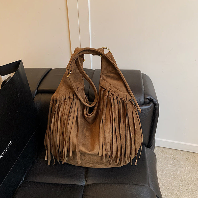 brown Boho Large Hobo Bag with Fringe Detail
