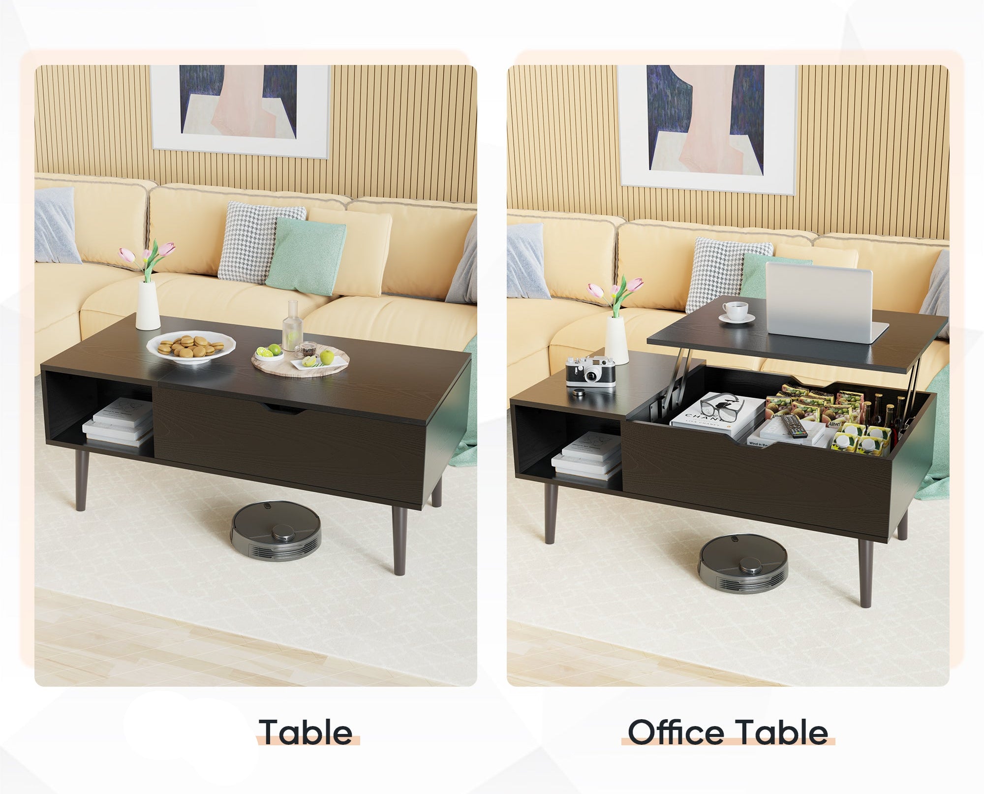 Lift-top coffee table transforming into an office table with two modes shown.
