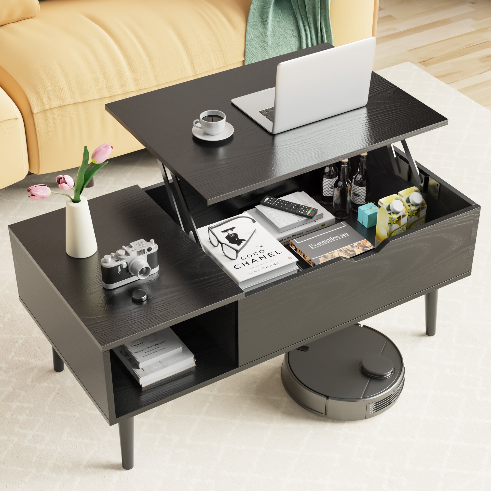 Coffee table with lift-top design in a living room setting