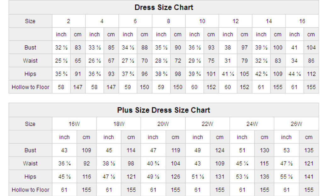 Dress size chart with measurements for bust, waist, and hips in both standard and plus sizes.