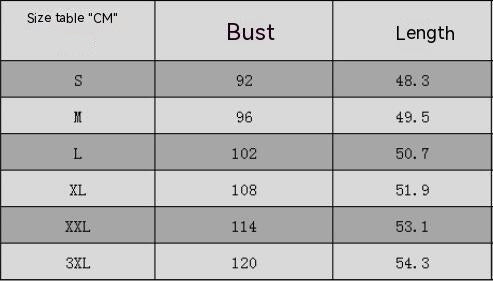 Size chart with bust and length measurements in centimeters for various sizes.