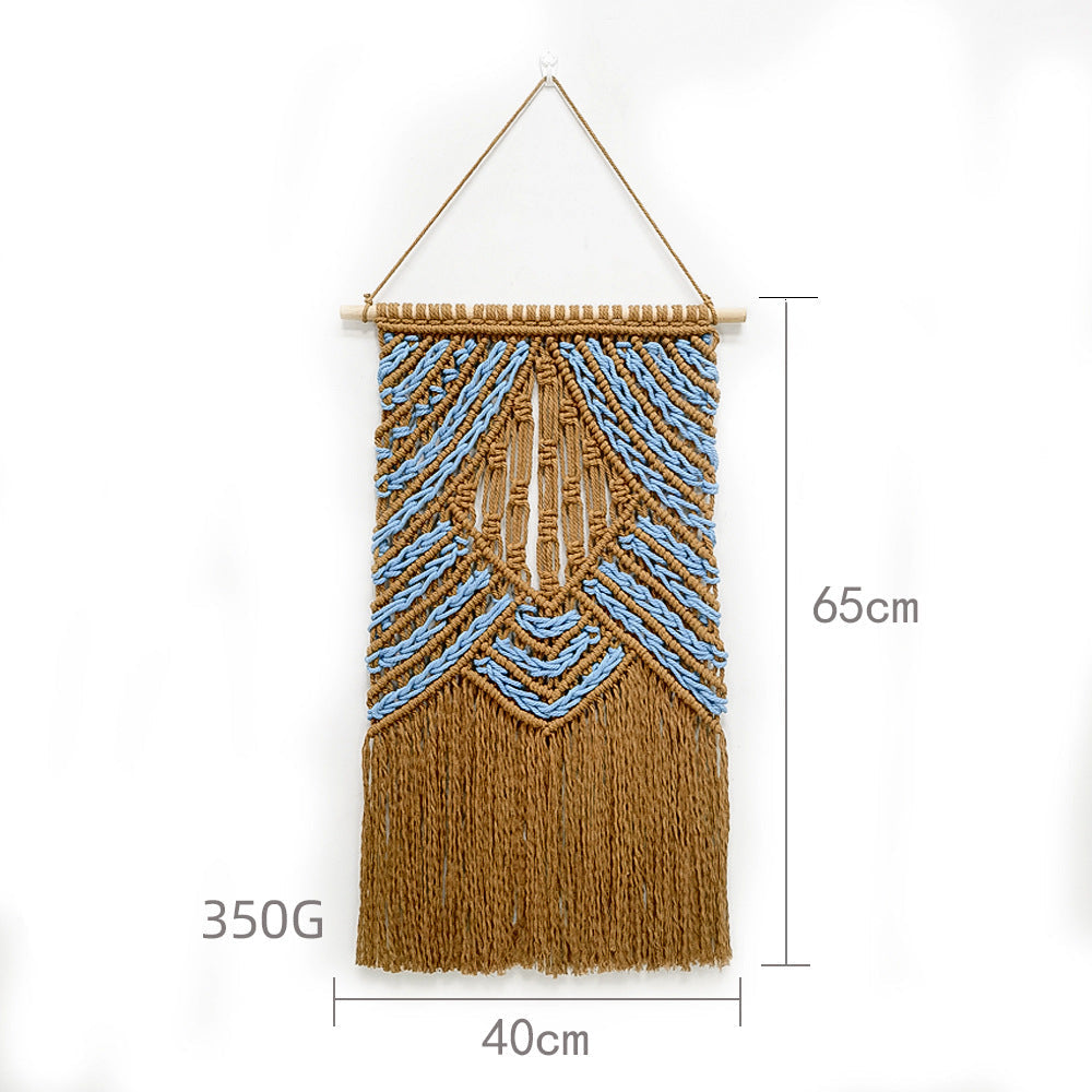 Decorative wall hanging with blue and brown patterns, featuring dimensions on a white background.