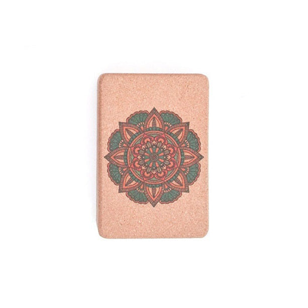 Cork yoga mat with a mandala design on a white background