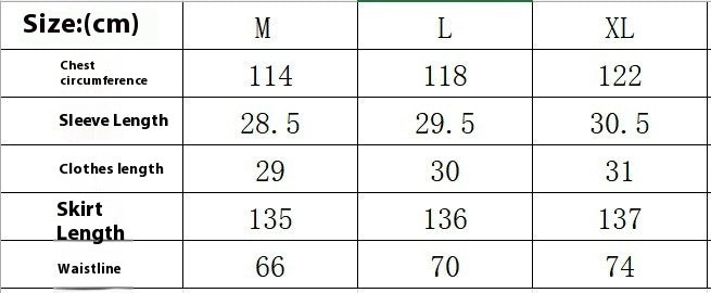Table displaying measurements for a garment in centimeters across sizes M, L, and XL.