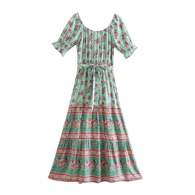 blue Boho Maxi Dress with Puff Sleeves