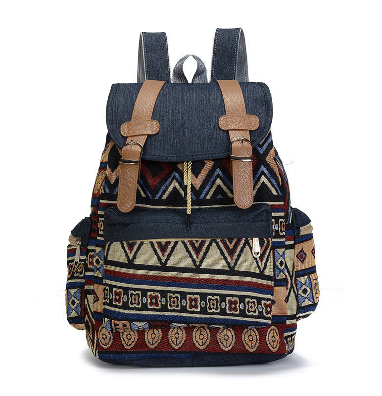 Boho Pattern Denim Backpack in Blue and Brown