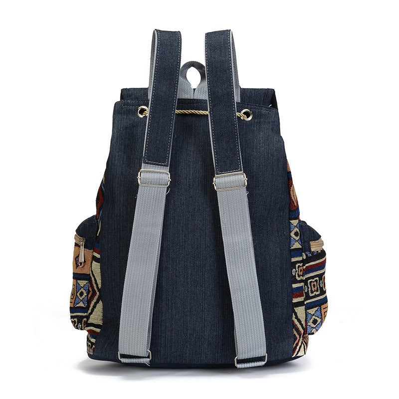 blue Boho Pattern Denim Backpack in Blue and Brown