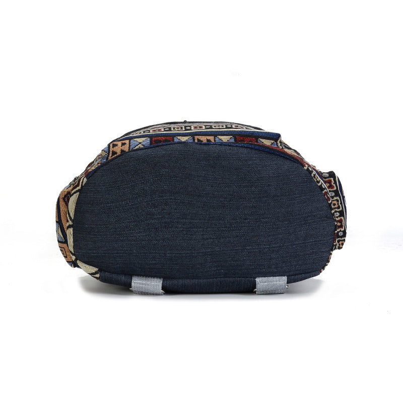 denim Boho Pattern Denim Backpack in Blue and Brown