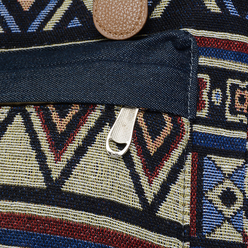 Boho Pattern Denim Backpack in Blue and Brown