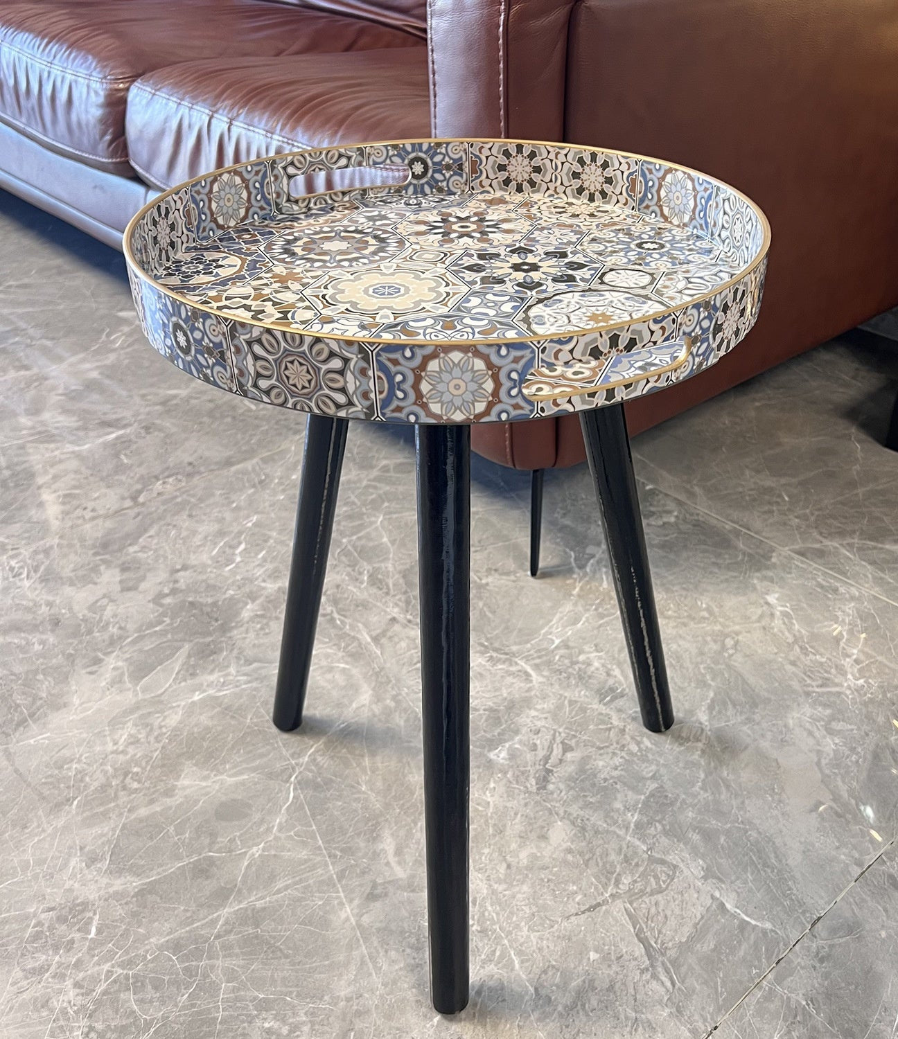blue Boho Patterned Small Round Side Table
