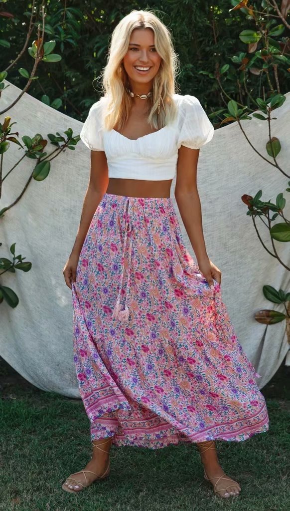 Boho Pink Floral Maxi Skirt