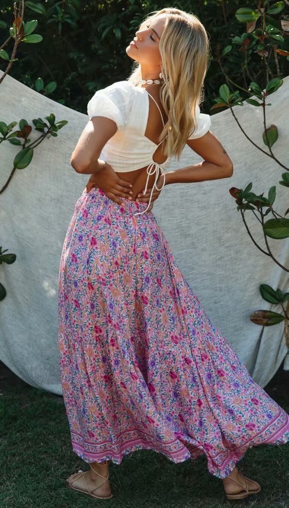 Boho Pink Floral Maxi Skirt