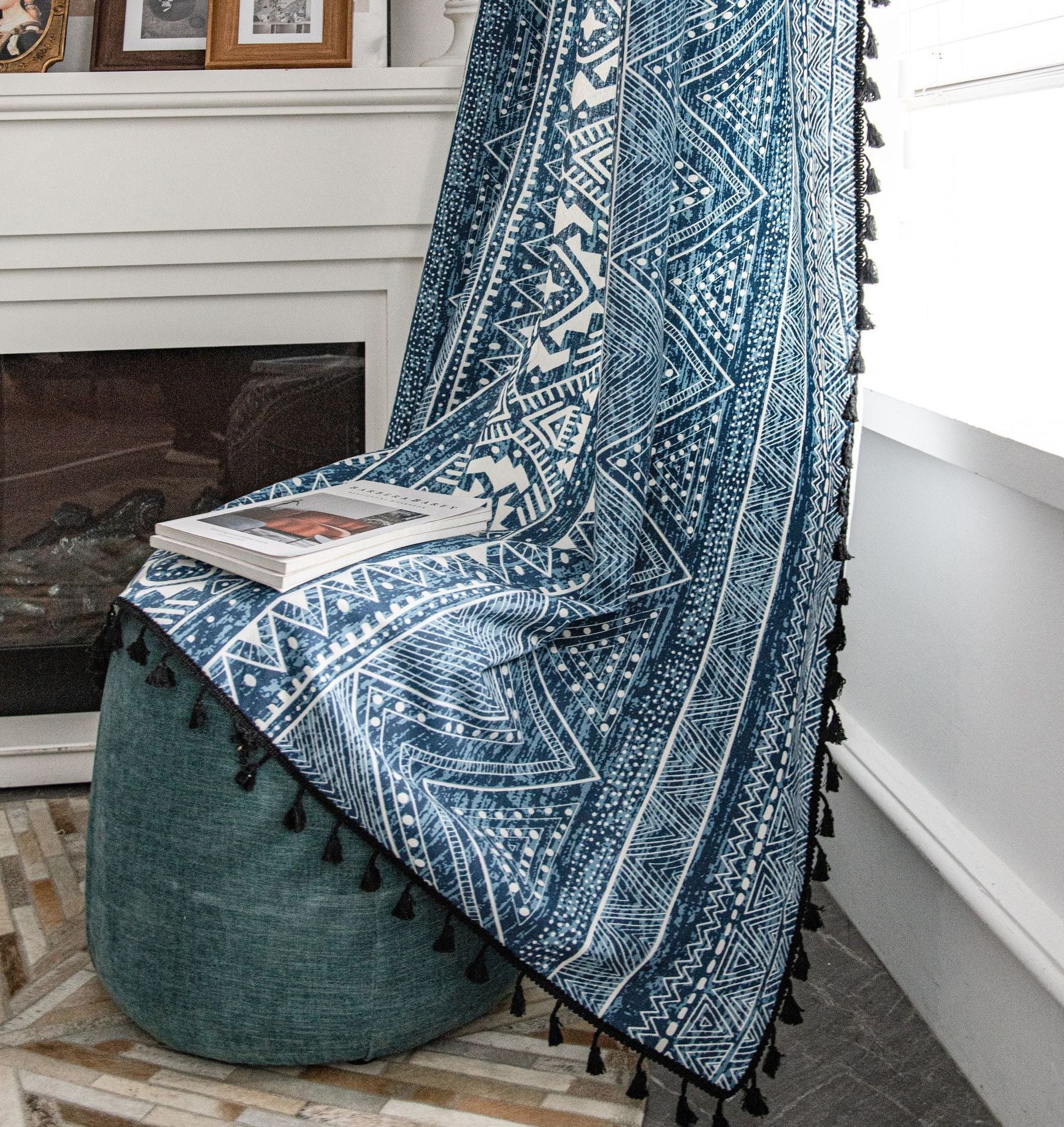 Boho Printed Blue Curtain with Tassels