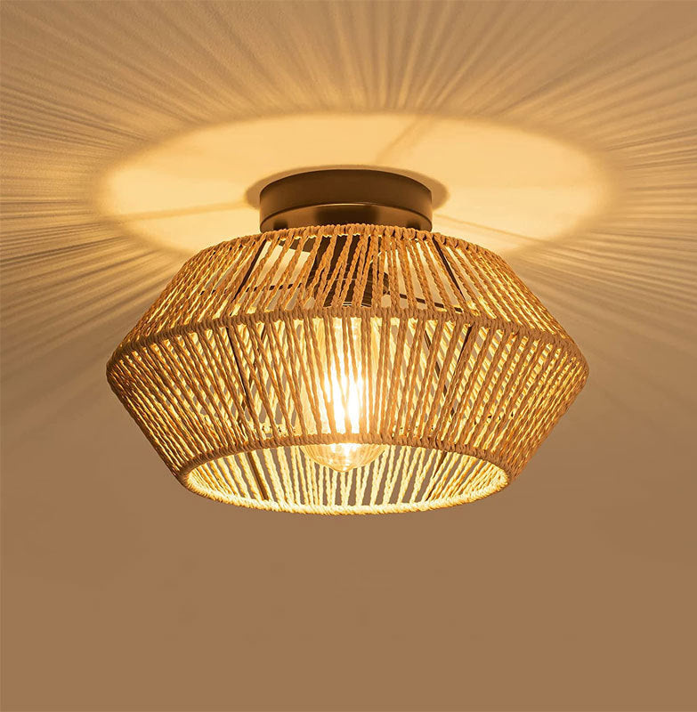 Ceiling light fixture with woven design on a beige background