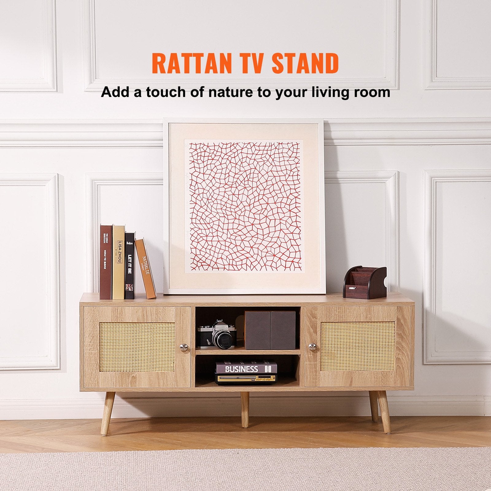 Boho Rattan Wood TV Stand