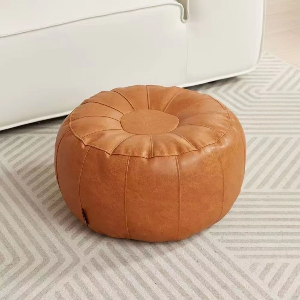 Boho Round Leather Pouf with Storage