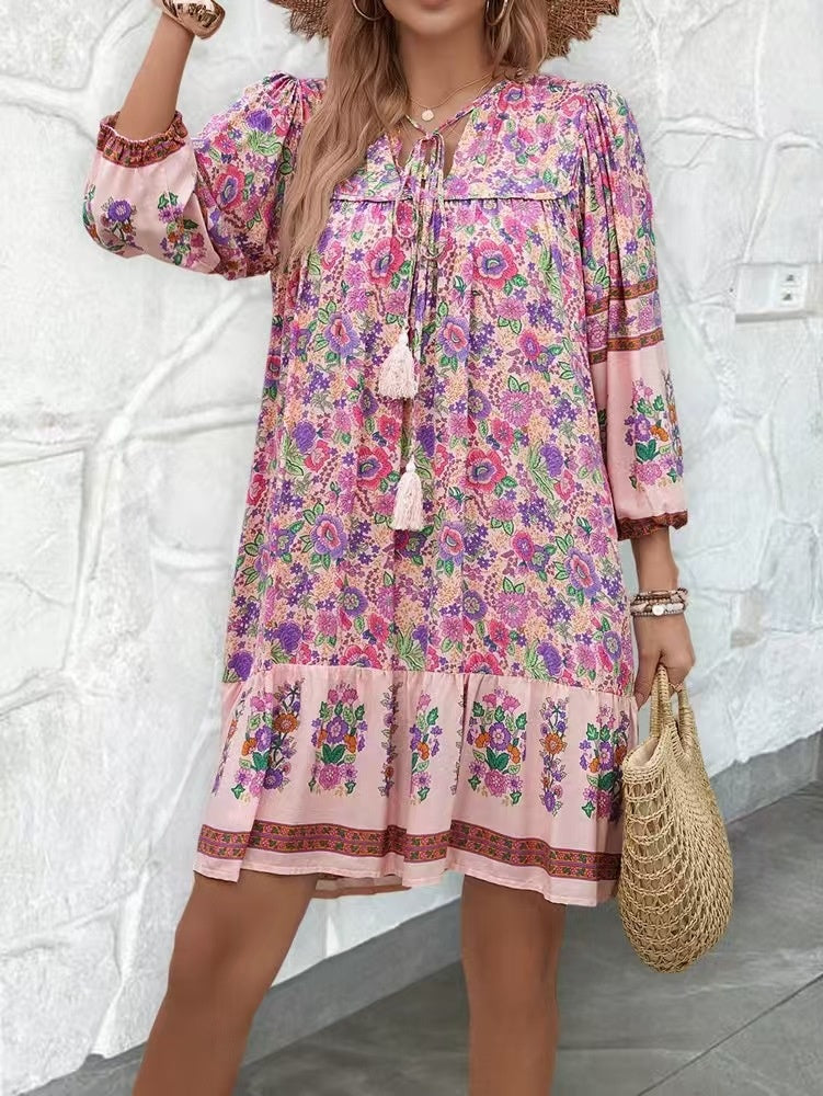 Boho Short Dress with Tie Up Tassels strings