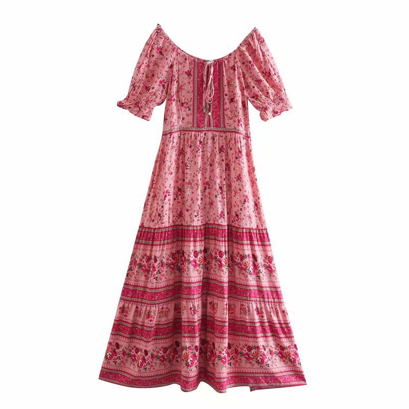 pink Boho Short Sleeve Maxi Dress