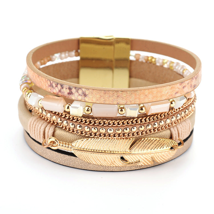 Boho Stack Bracelet with Golden Feather