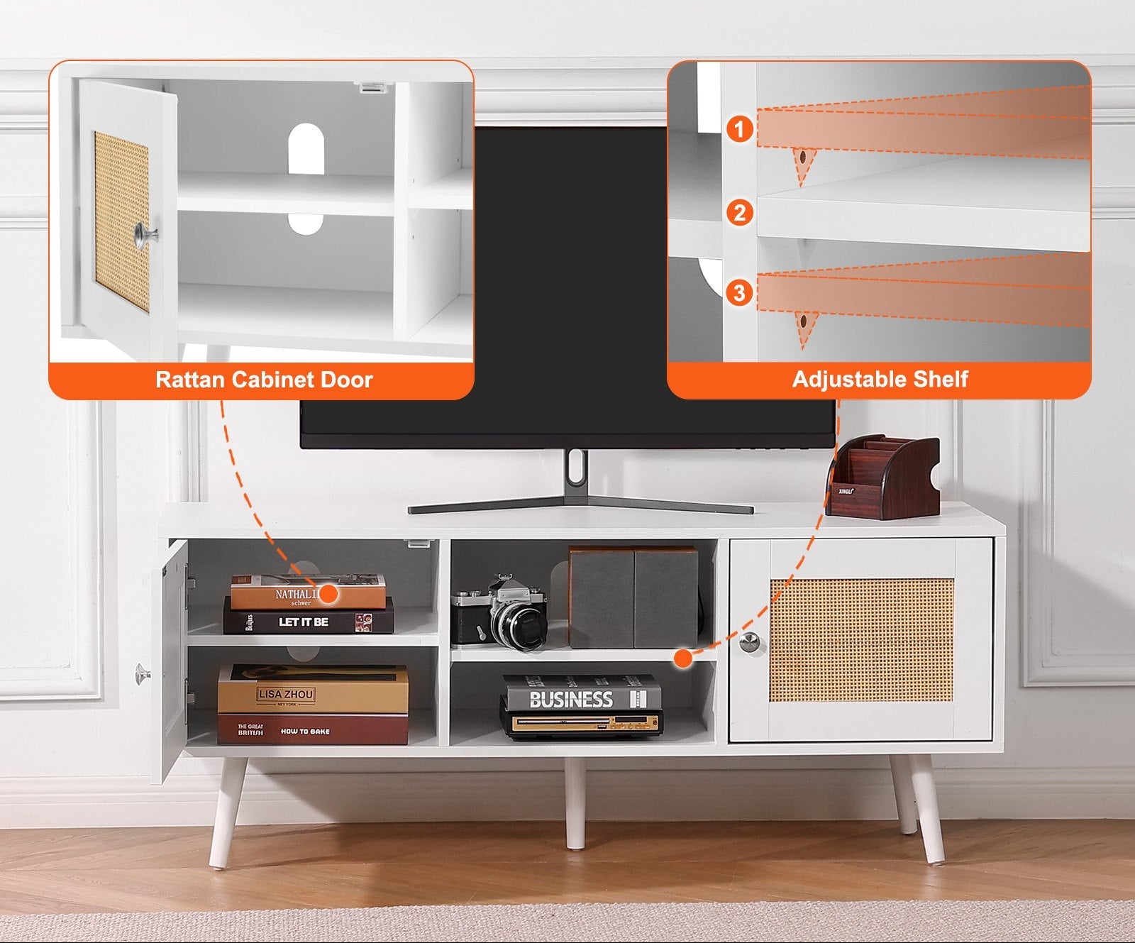 Boho TV Cabinet Rattan Shelves