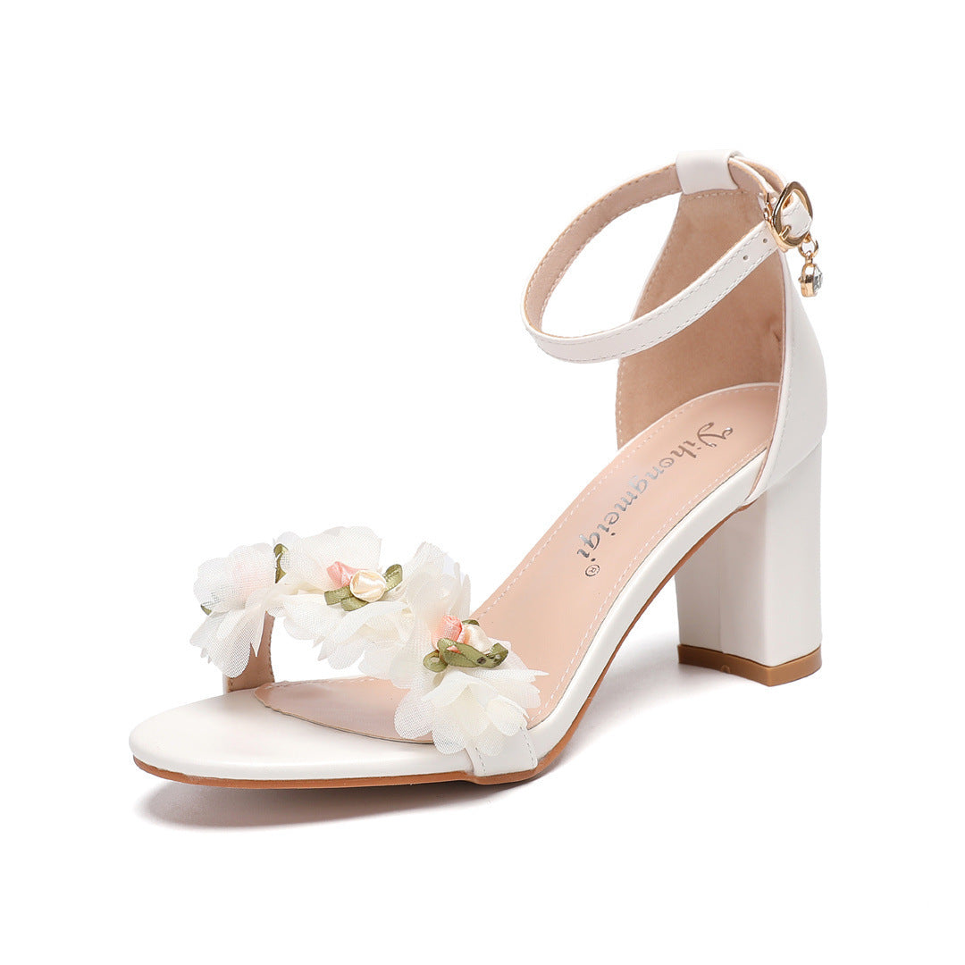 Boho Block Wedding Heels with 3D Flowers