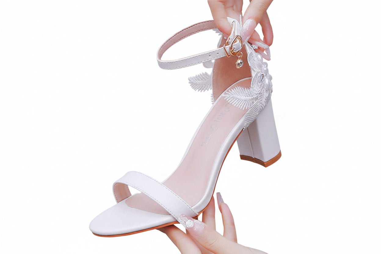 Boho White Ankle Strap Wedding Heels with Lace Leaves