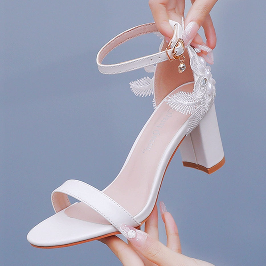Boho White Ankle Strap Wedding Heels with Lace Leaves