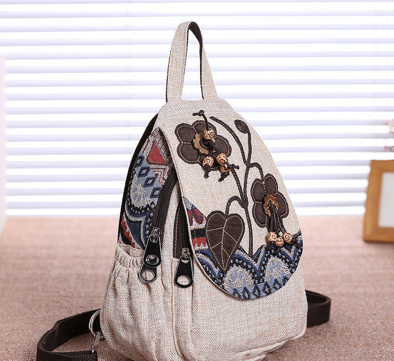 Boho White Backpack with Beaded Flower Designs