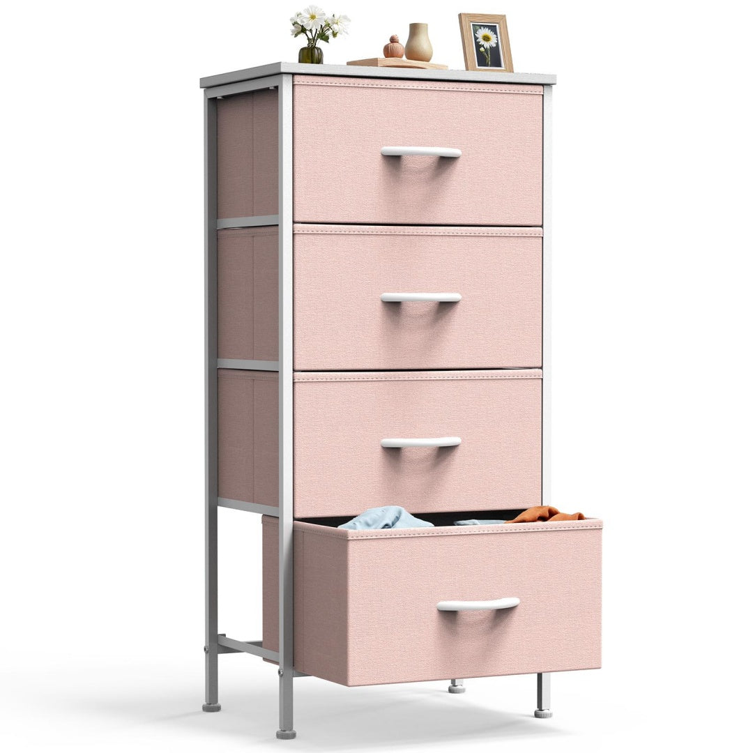 Pink dresser with multiple drawers on a white background