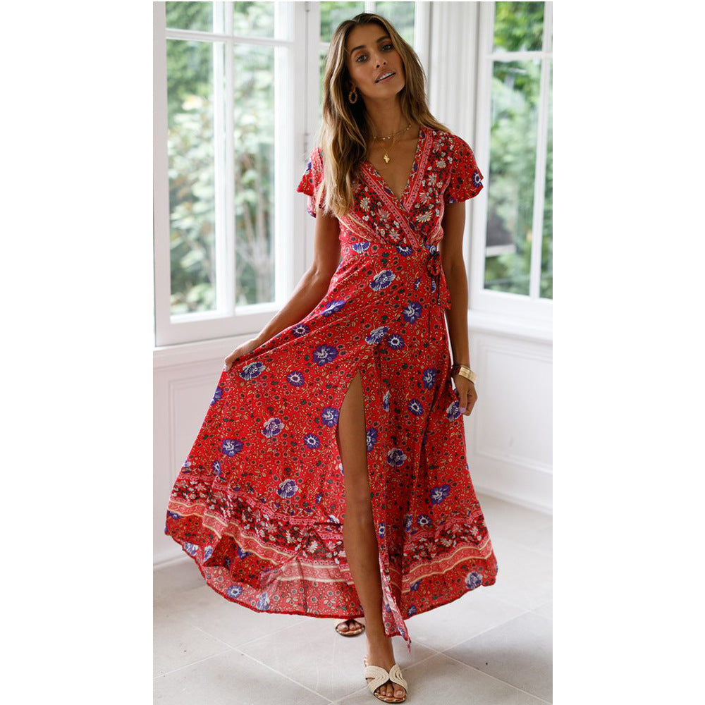 Boho Wrap Dress with High Slit floral red