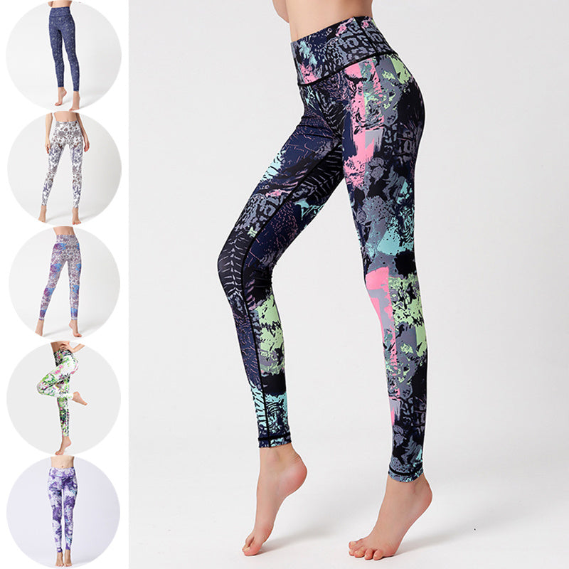 Multicolored patterned leggings on a white background