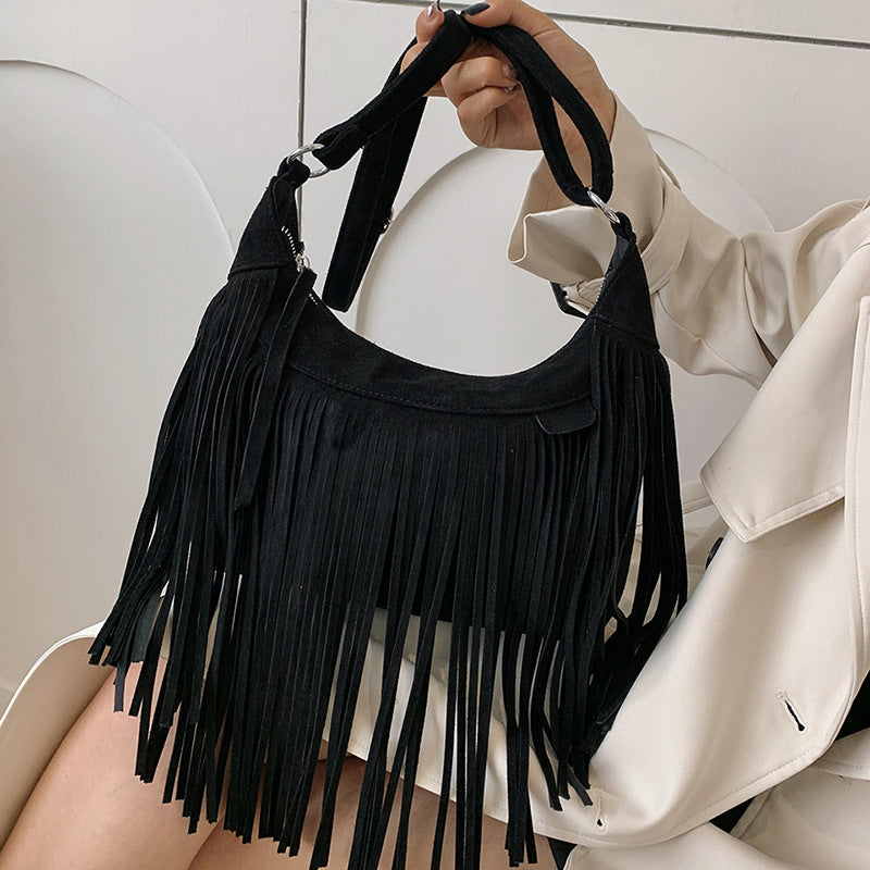 black Boho Fringe Bag for Women