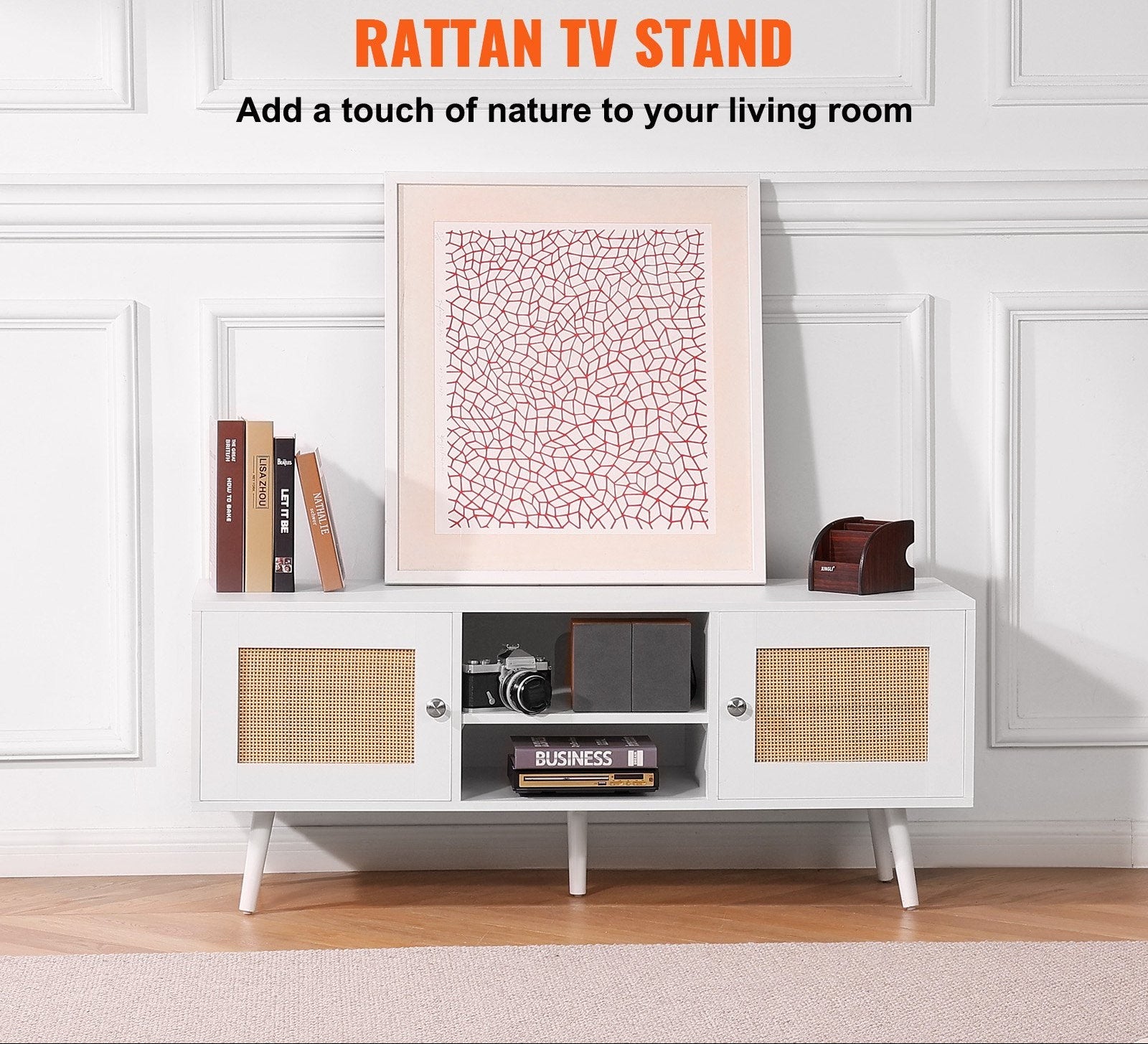 Boho harmony TV Cabinet with Closed Rattan Shelves