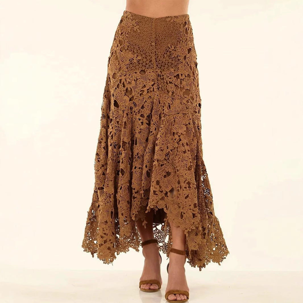 Brown Boho Embroidered Maxi Skirt