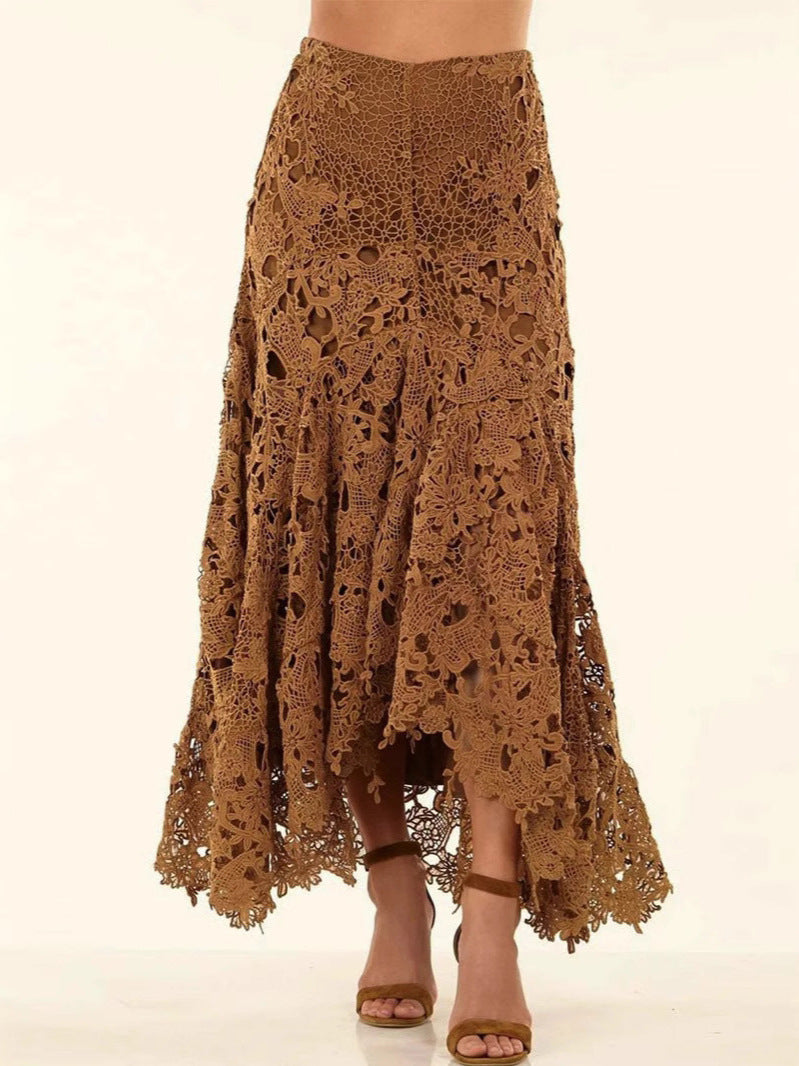 Brown crochet skirt on a white background