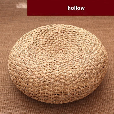 Round woven pillow on a brown background with text 'Narcissus vine [hollow bottom]'.