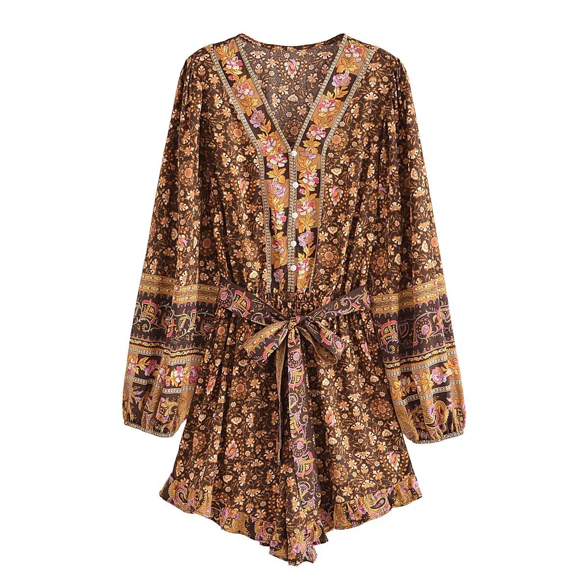 Brown Boho Print Belt Romper