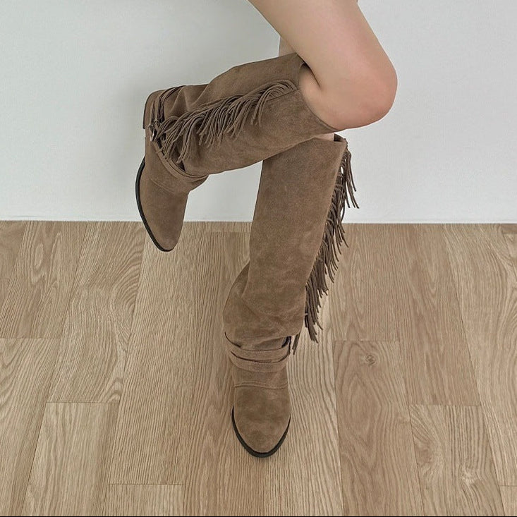 Brown Fringed Boho Knee High Boots