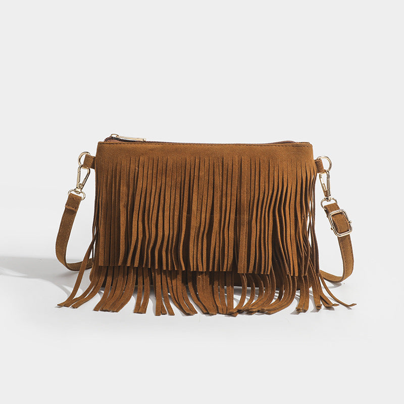 Brown Fringe Square Crossbody Bag