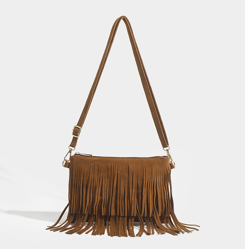 Brown Fringe Square Crossbody Bag