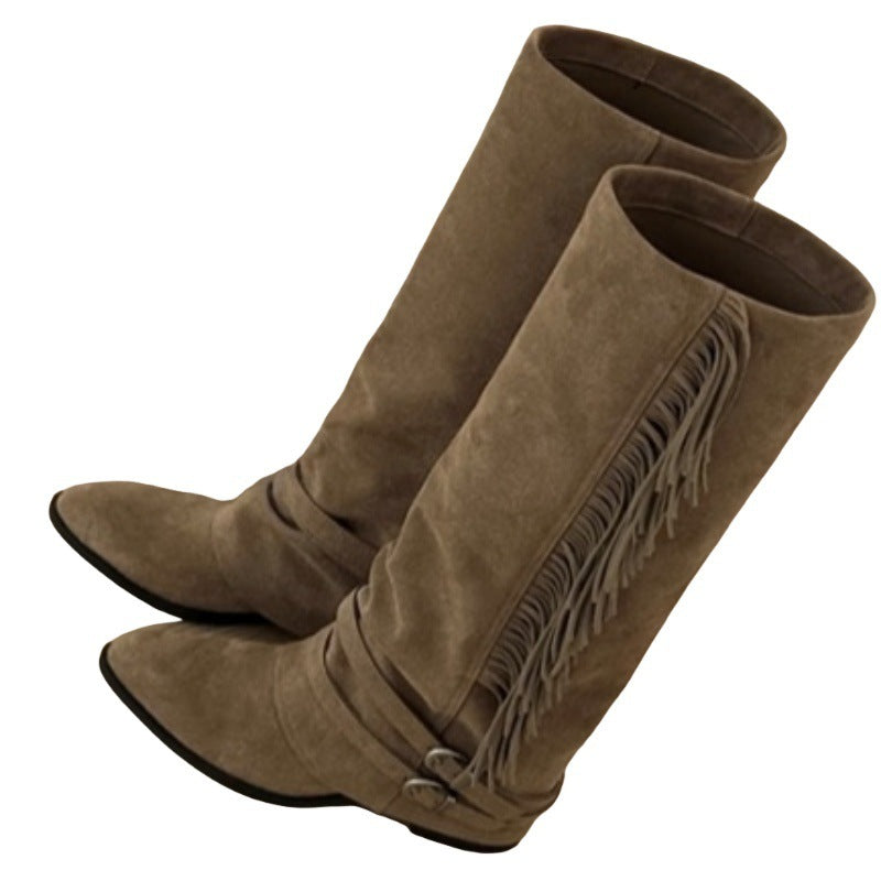 Brown Fringed Boho Knee High Boots