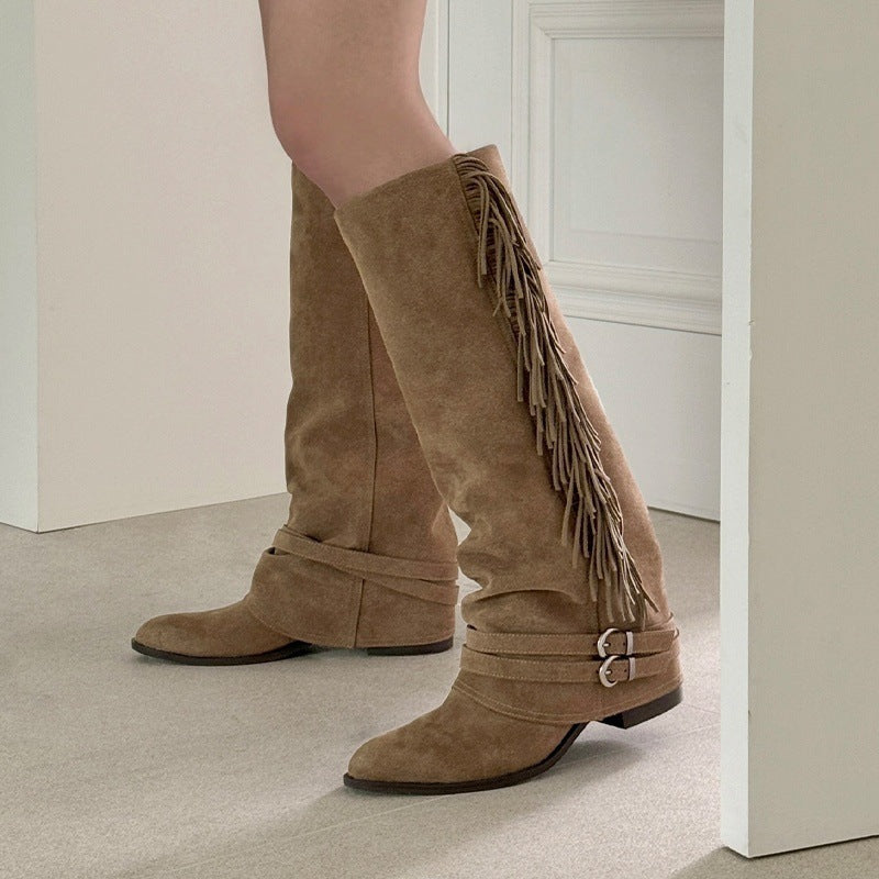 Brown Fringed Boho Knee High Boots