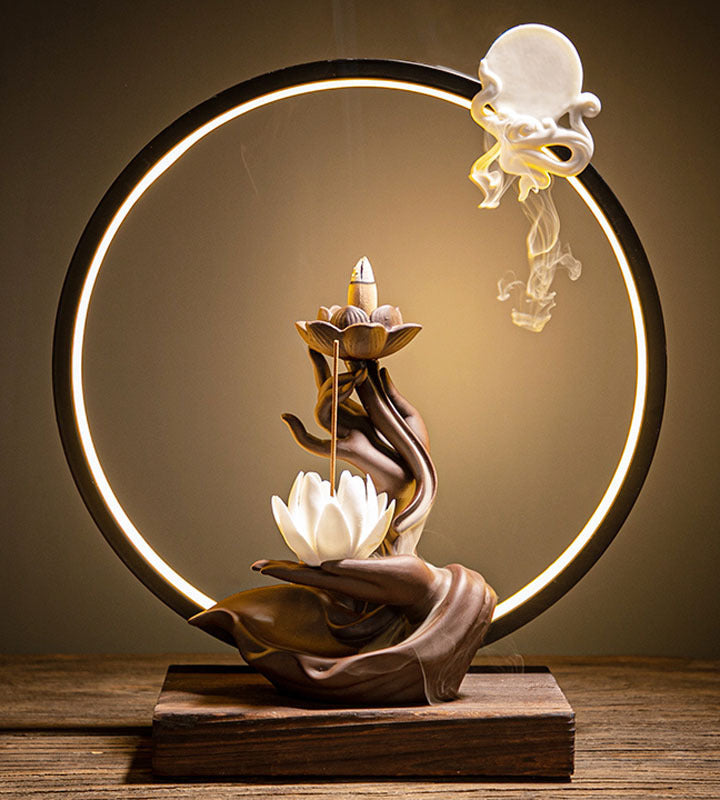 Buddhist Style Lotus Backflow Cone Incense Burner Round Waterfall
