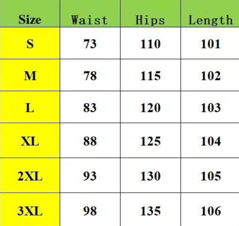 Table displaying size chart for pants with waist, hips, and length measurements, and a model wearing green pants.