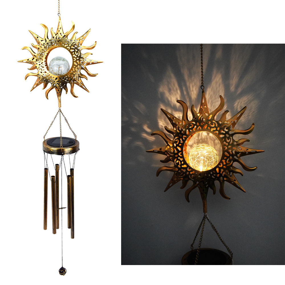 Decorative sun-shaped wind chime with a light bulb inside, shown in two views.